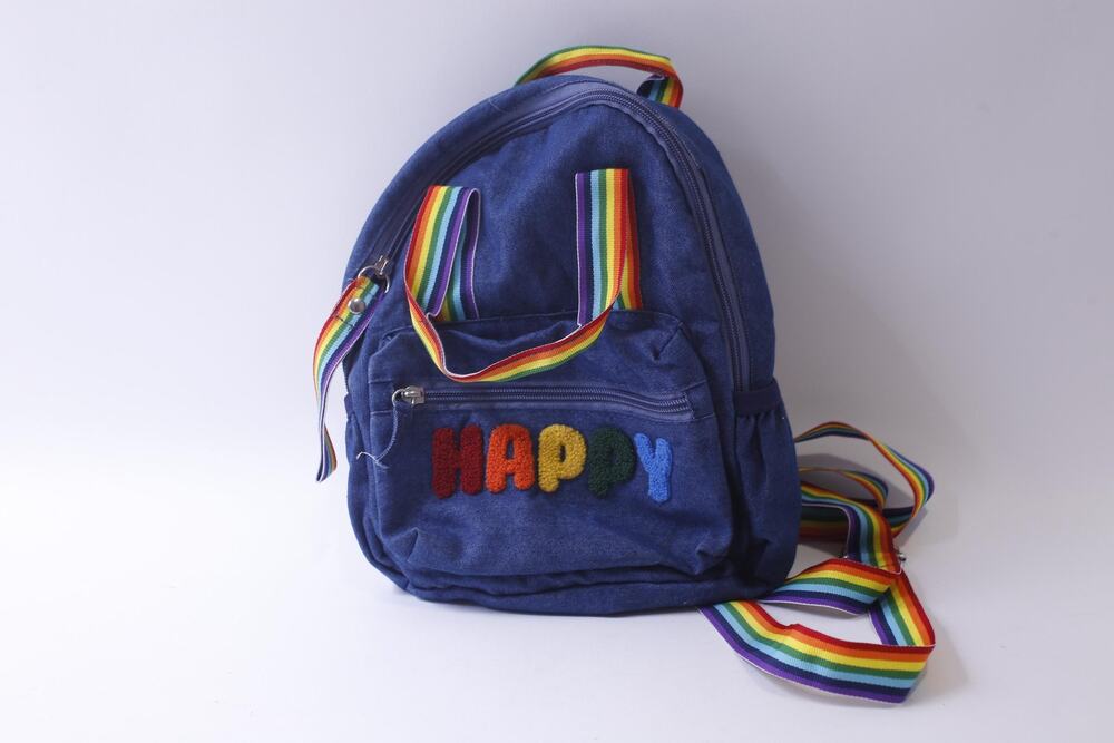Blue Denim Kids Mini Backpack with Rainbow Straps and HAPPY Embroidery, Zipper